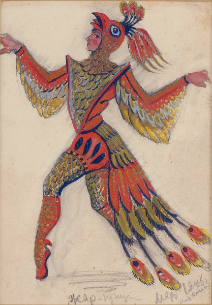 Custume design for Puskin play (Fire bird) 1946 gouache  22x15